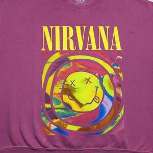 Nirvana Sweatshirt Mens Medium pink Smiley Psychedelic Graphic Fleece Pullover